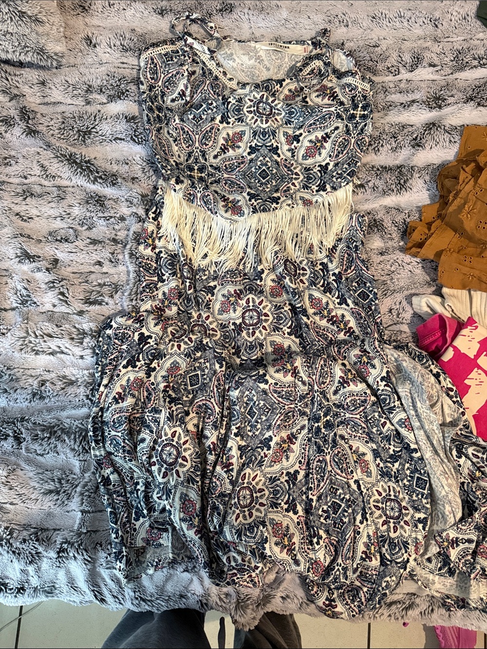 Idyllwind Navy, Cream & Burgundy Paisley Fringe Maxi Dress
